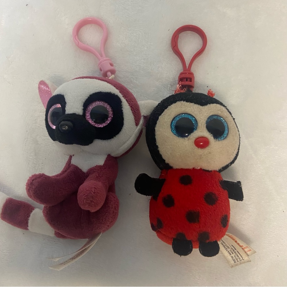 Ty Beanie Boos Bugsy Red Ladybug Leeann Lemur Clip With Glitter Eyes lot of 2